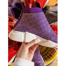 Custom logo women bing boots fly knit diamonds long high crystals sneakers boots women